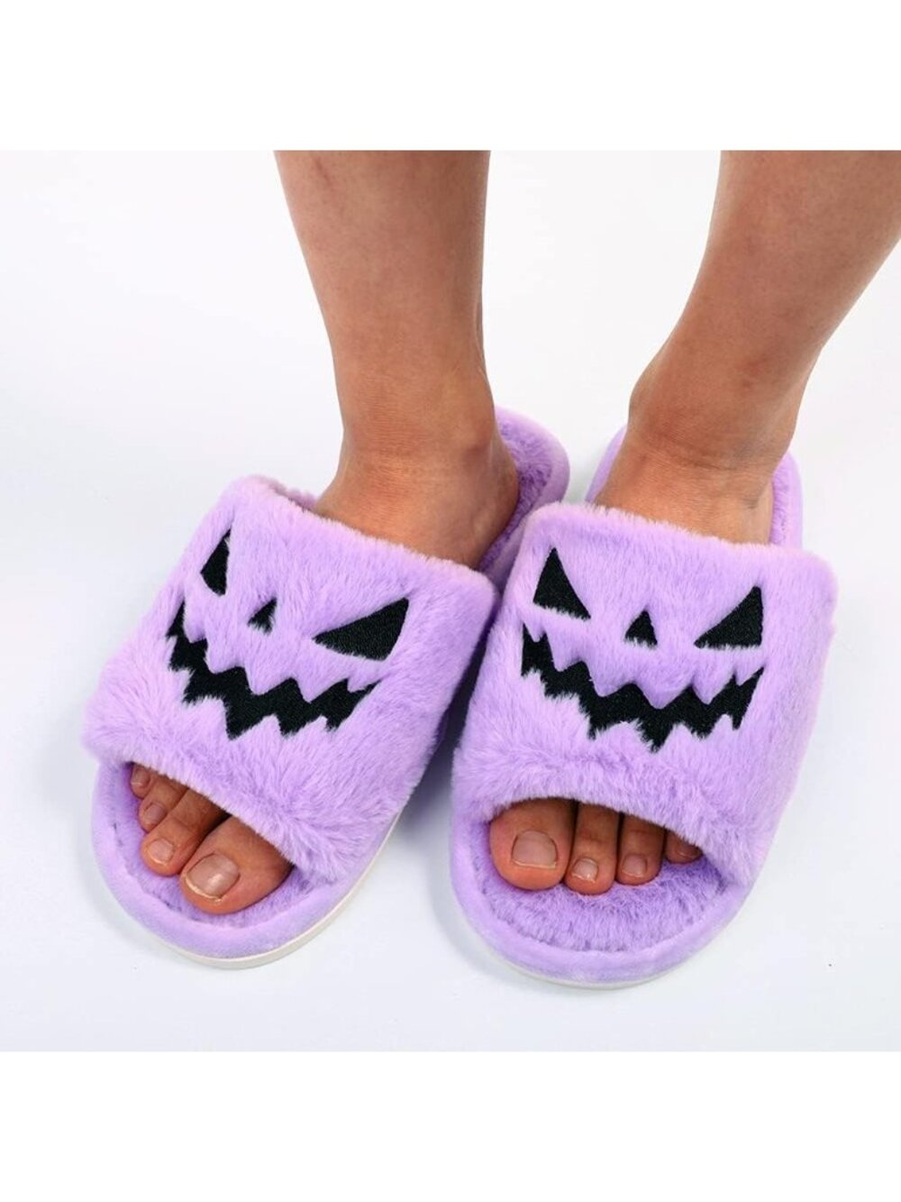 Unisex Purple Halloween Indoor Outdoor Open Toe Spooky Slides Fuzzy Slippers - Picture 4 of 7